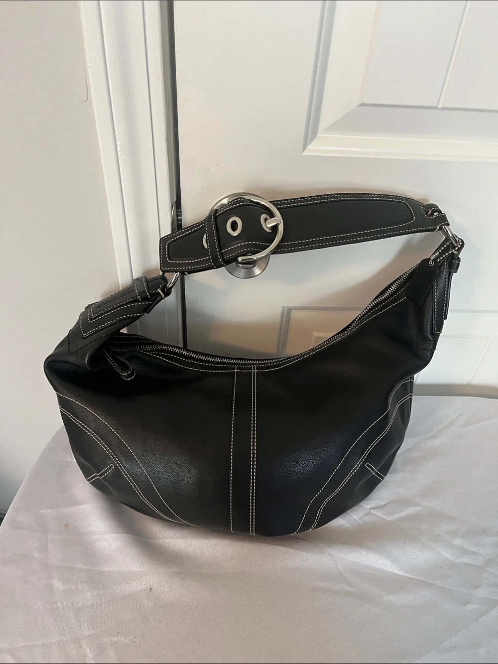 Coach Black Leather Hobo with White Contrast Stitching